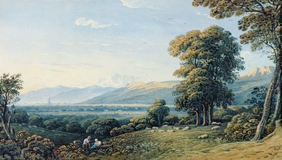 Figures Resting on a Hillside with a Church Spire Beyond by John Varley